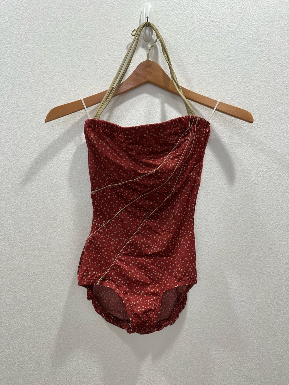 Vintage 1960s Rose Marie Reid Red One-Piece Swimsuit Gold details couture pinup